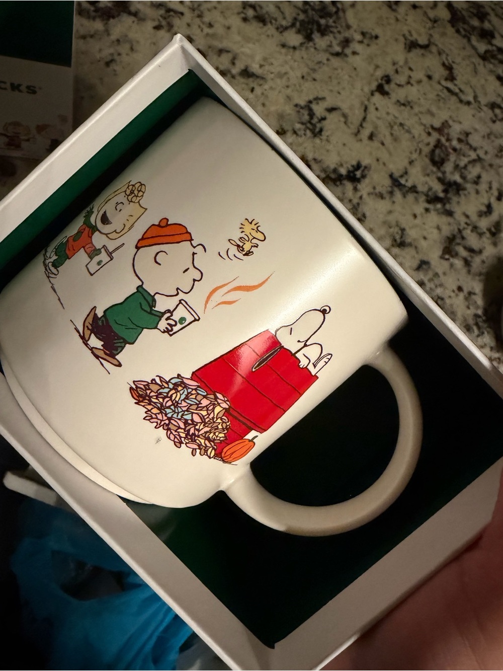 Starbucks Peanuts White Ceramic Mug with Red Snoopy Autumn Characters